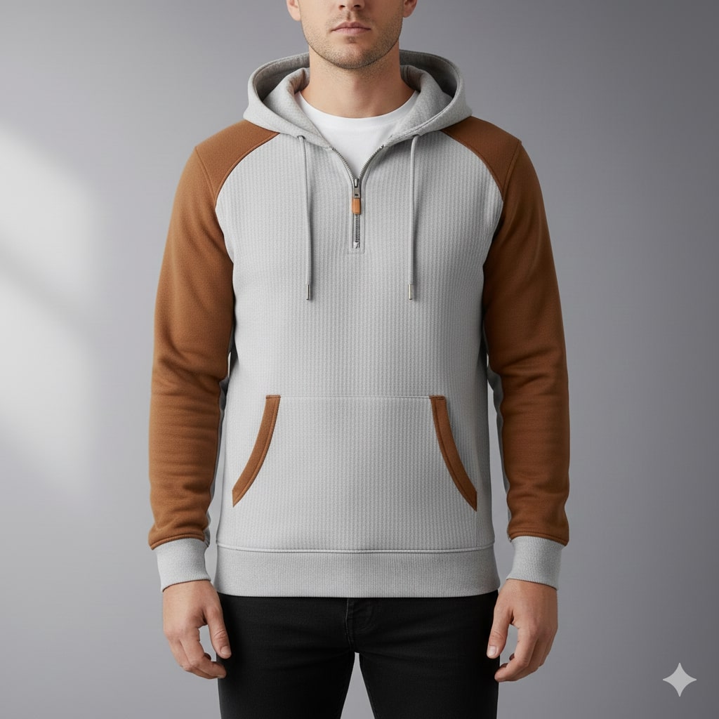 Colton Men's Corduroy Cotton Blend Quarter-Zip Hoodie with Contrast Panels
