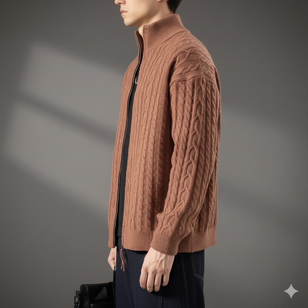 Domingo Men's Wool Cable Knit Zip-Up Cardigan – Mid-Weight Soft Sweater