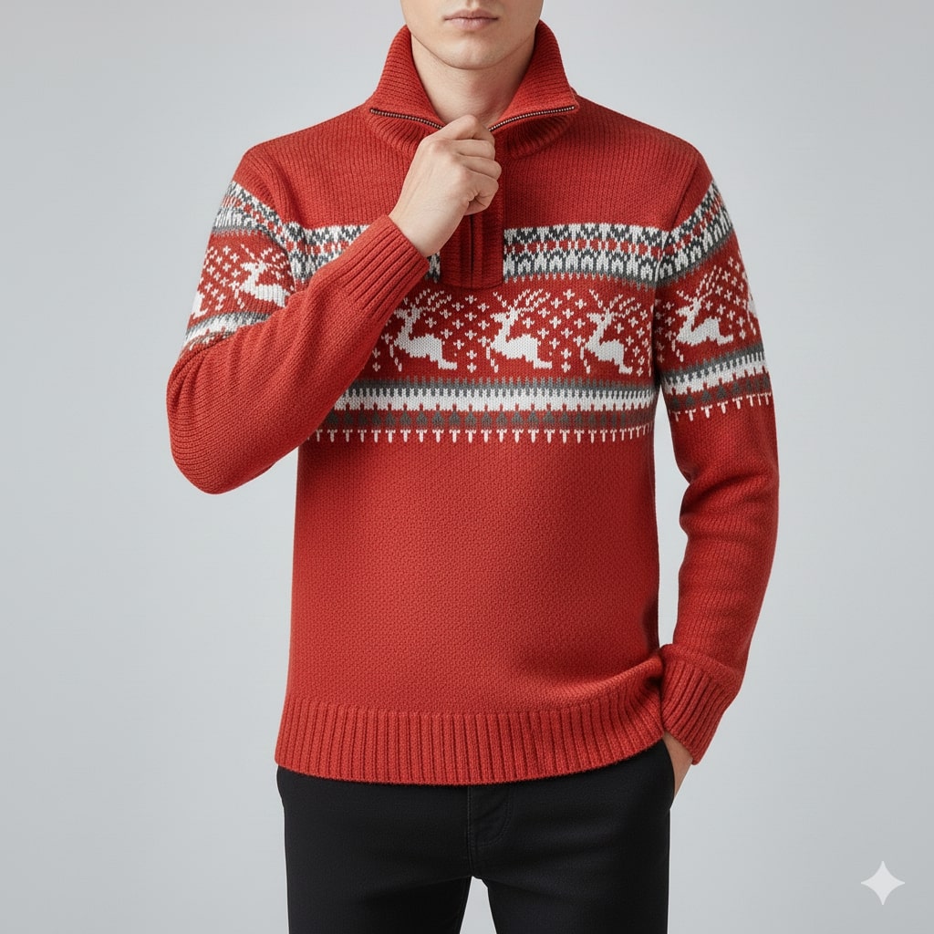 Aldrey Men's Wool Knit Quarter-Zip Christmas Sweater Pullover