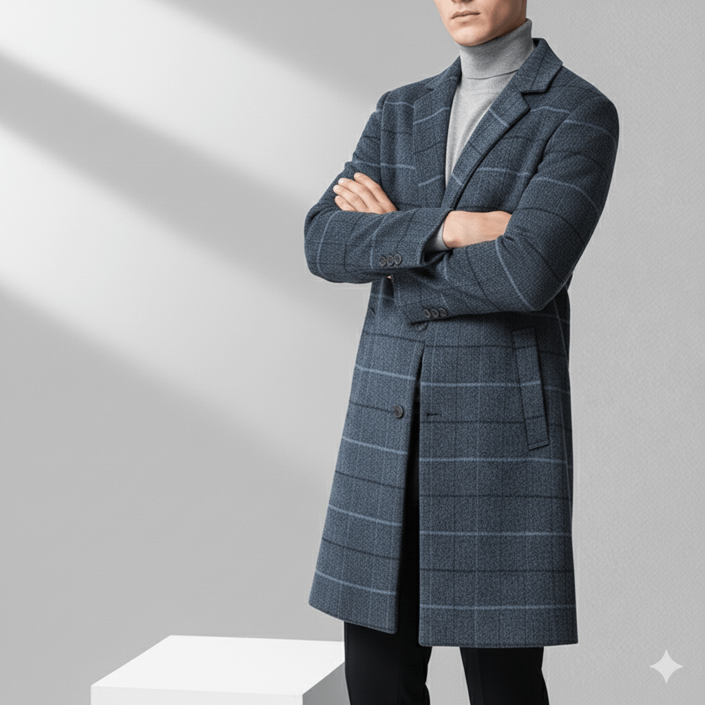 Aldric Men's Windowpane Wool Overcoat – Structured Mid-Length Design