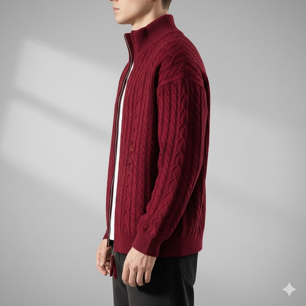 Domingo Men's Wool Cable Knit Zip-Up Cardigan – Mid-Weight Soft Sweater