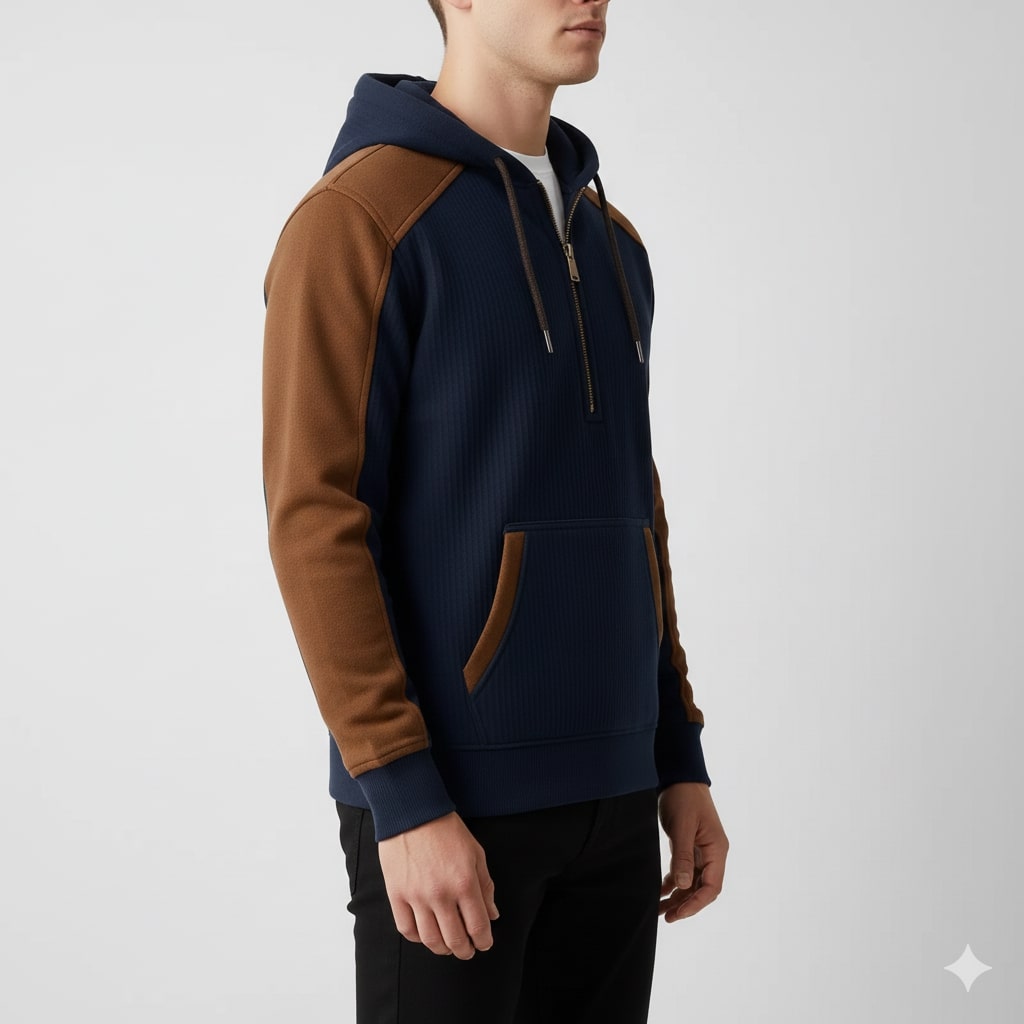 Colton Men's Corduroy Cotton Blend Quarter-Zip Hoodie with Contrast Panels