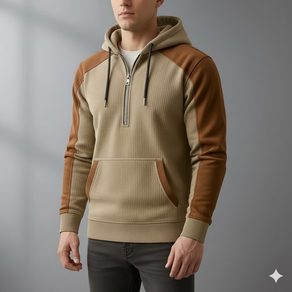 Colton Men's Corduroy Cotton Blend Quarter-Zip Hoodie with Contrast Panels
