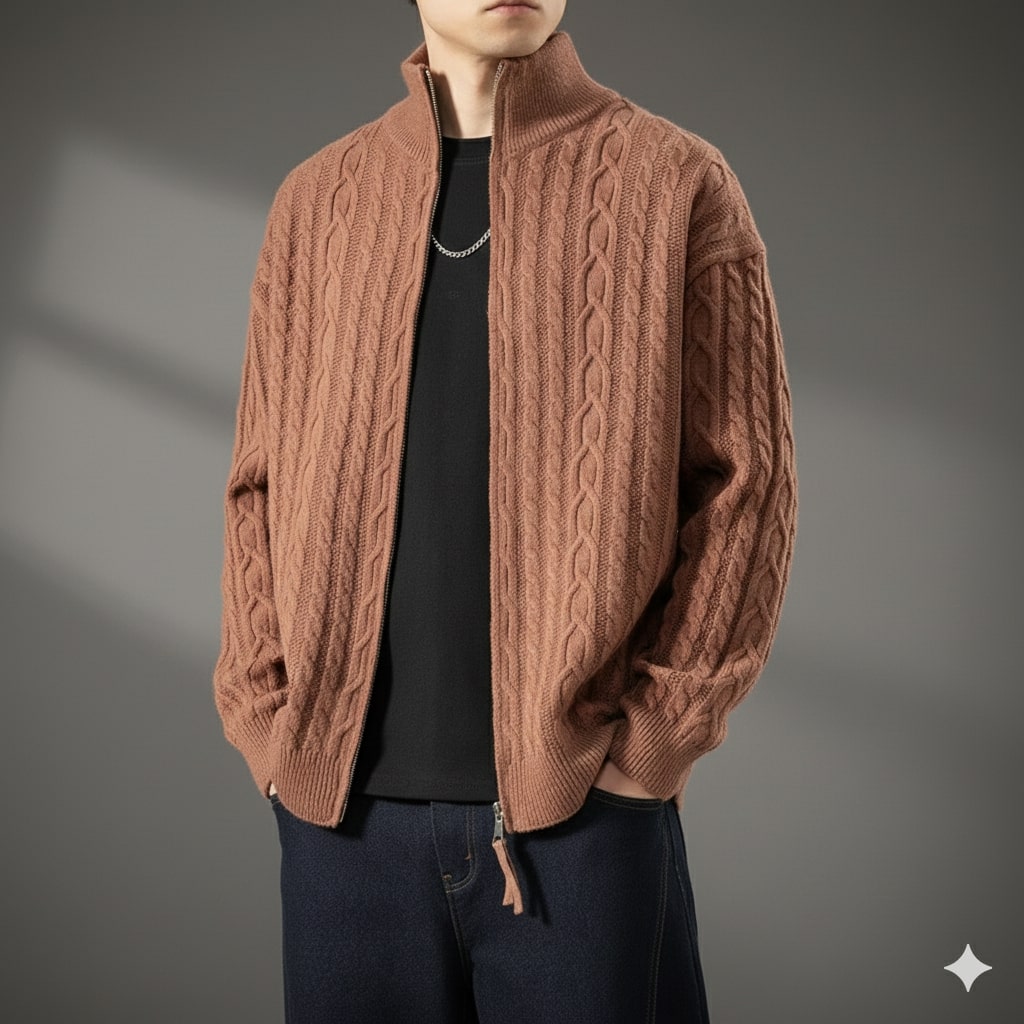 Domingo Men's Wool Cable Knit Zip-Up Cardigan – Mid-Weight Soft Sweater