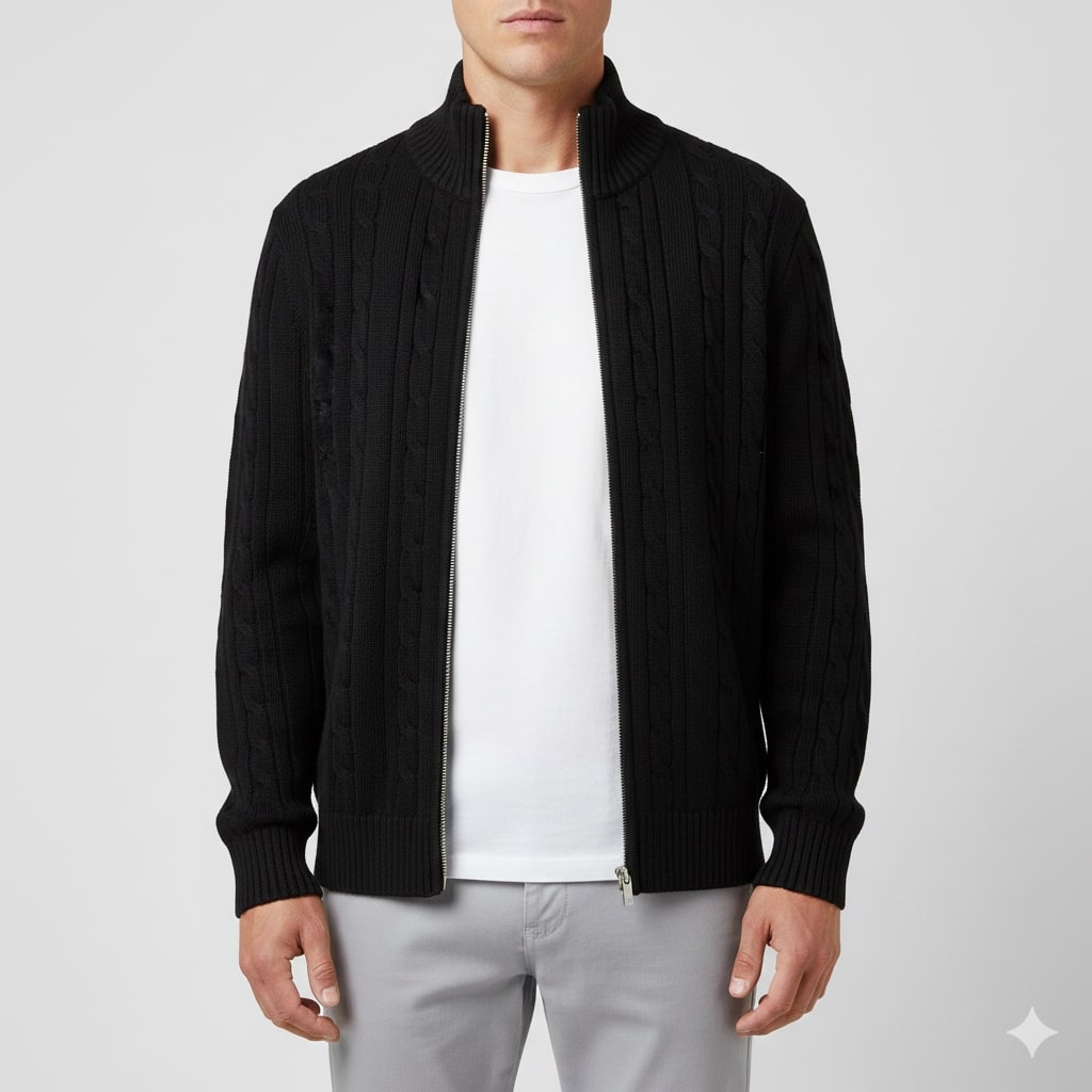 Domingo Men's Wool Cable Knit Zip-Up Cardigan – Mid-Weight Soft Sweater