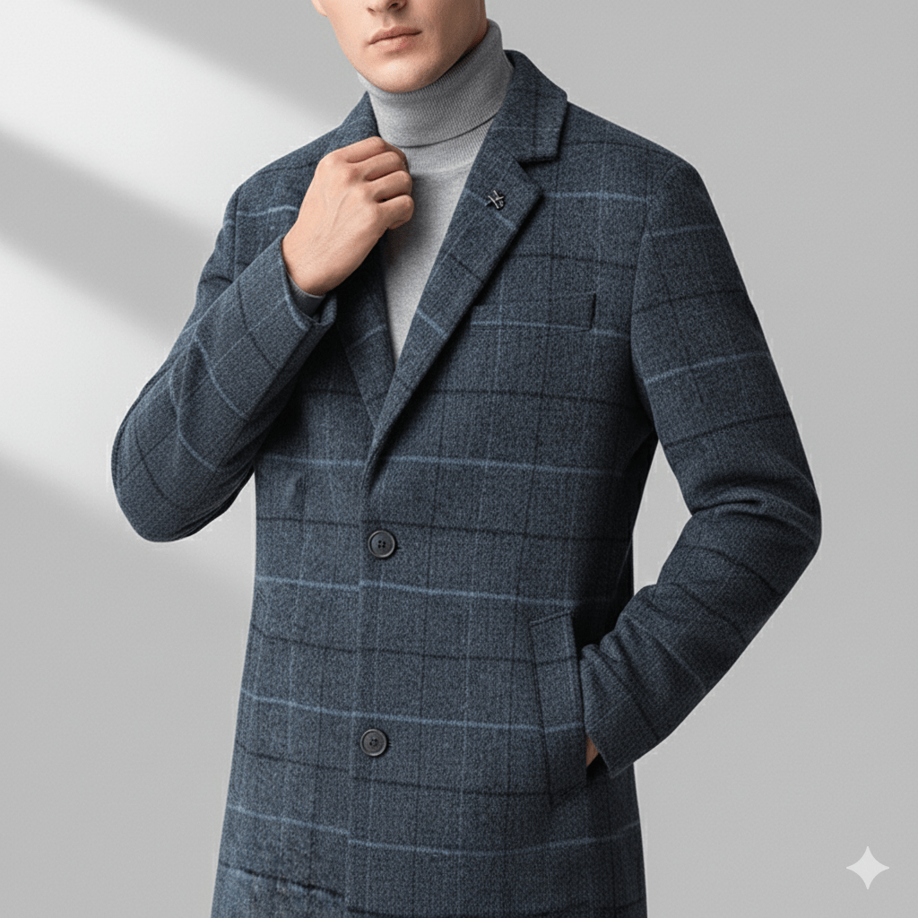 Aldric Men's Windowpane Wool Overcoat – Structured Mid-Length Design