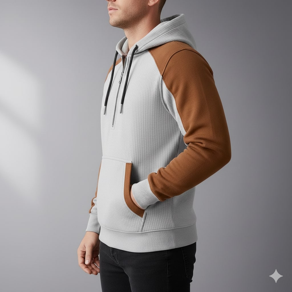 Colton Men's Corduroy Cotton Blend Quarter-Zip Hoodie with Contrast Panels