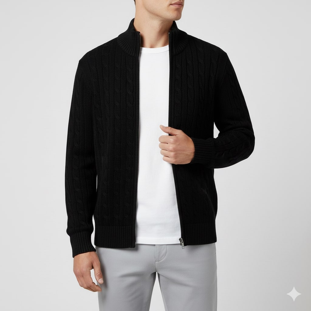 Domingo Men's Wool Cable Knit Zip-Up Cardigan – Mid-Weight Soft Sweater