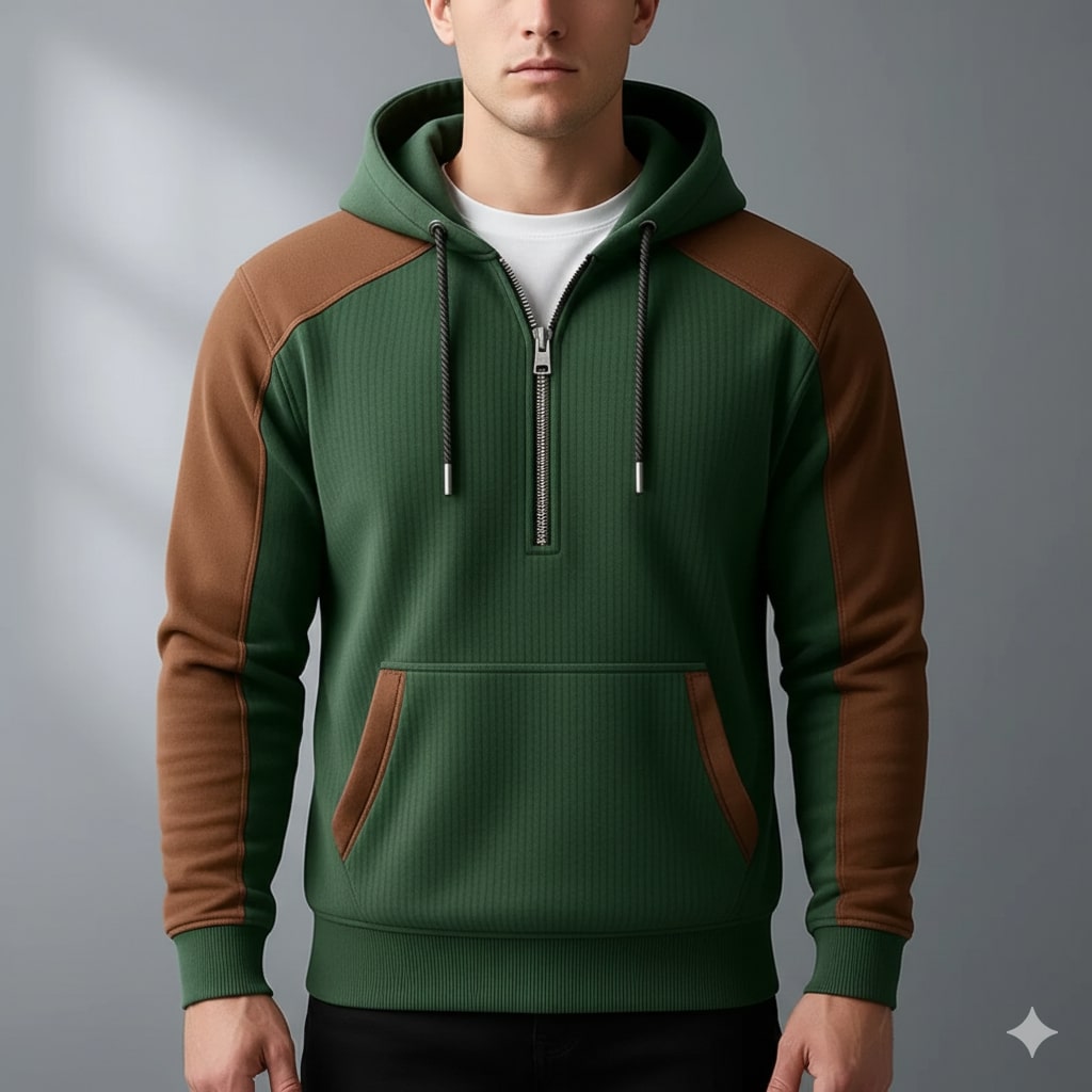Colton Men's Corduroy Cotton Blend Quarter-Zip Hoodie with Contrast Panels