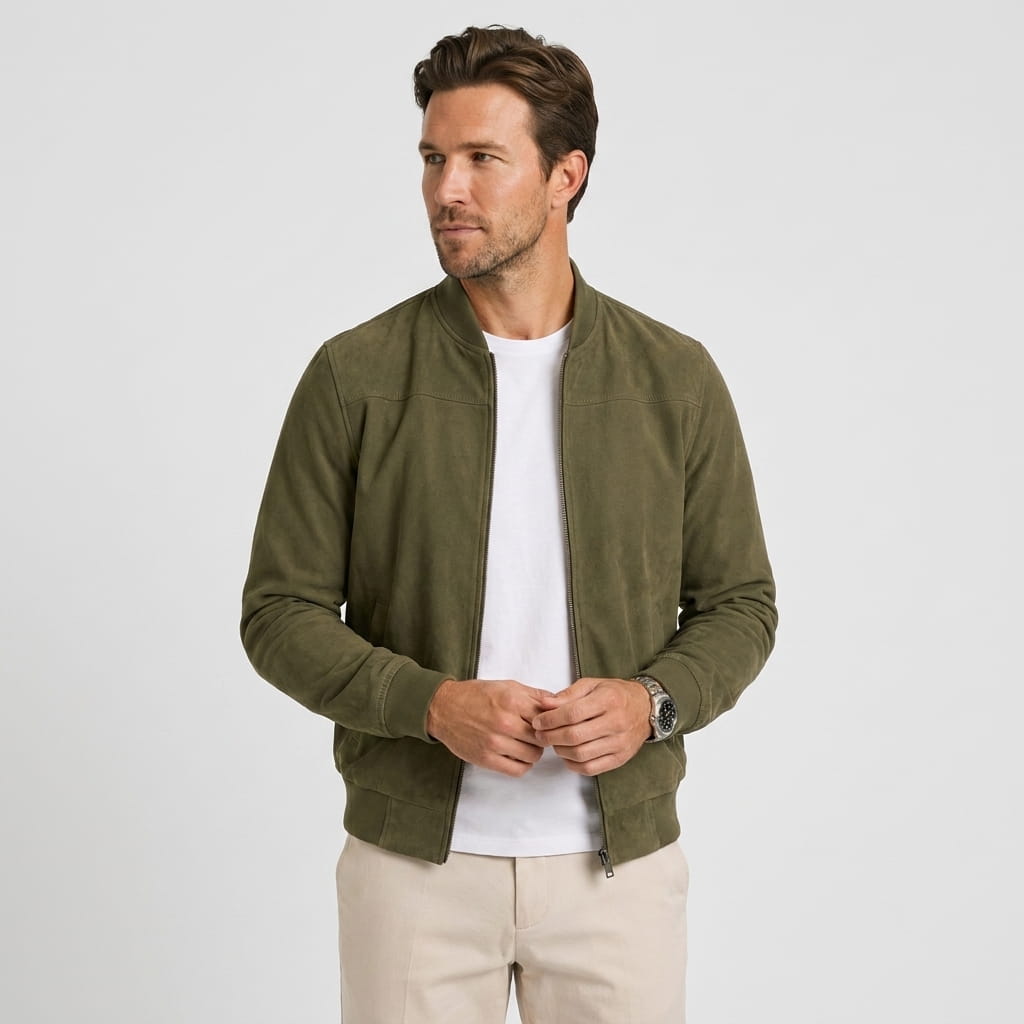 Male model wearing the brown zip-up jacket with beige trousers and brown shoes.