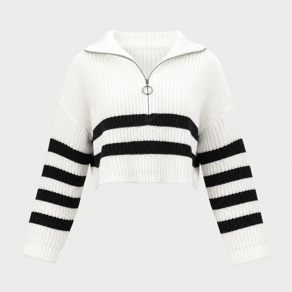 Front product view of the white quarter-zip sweater with bold black horizontal stripes.