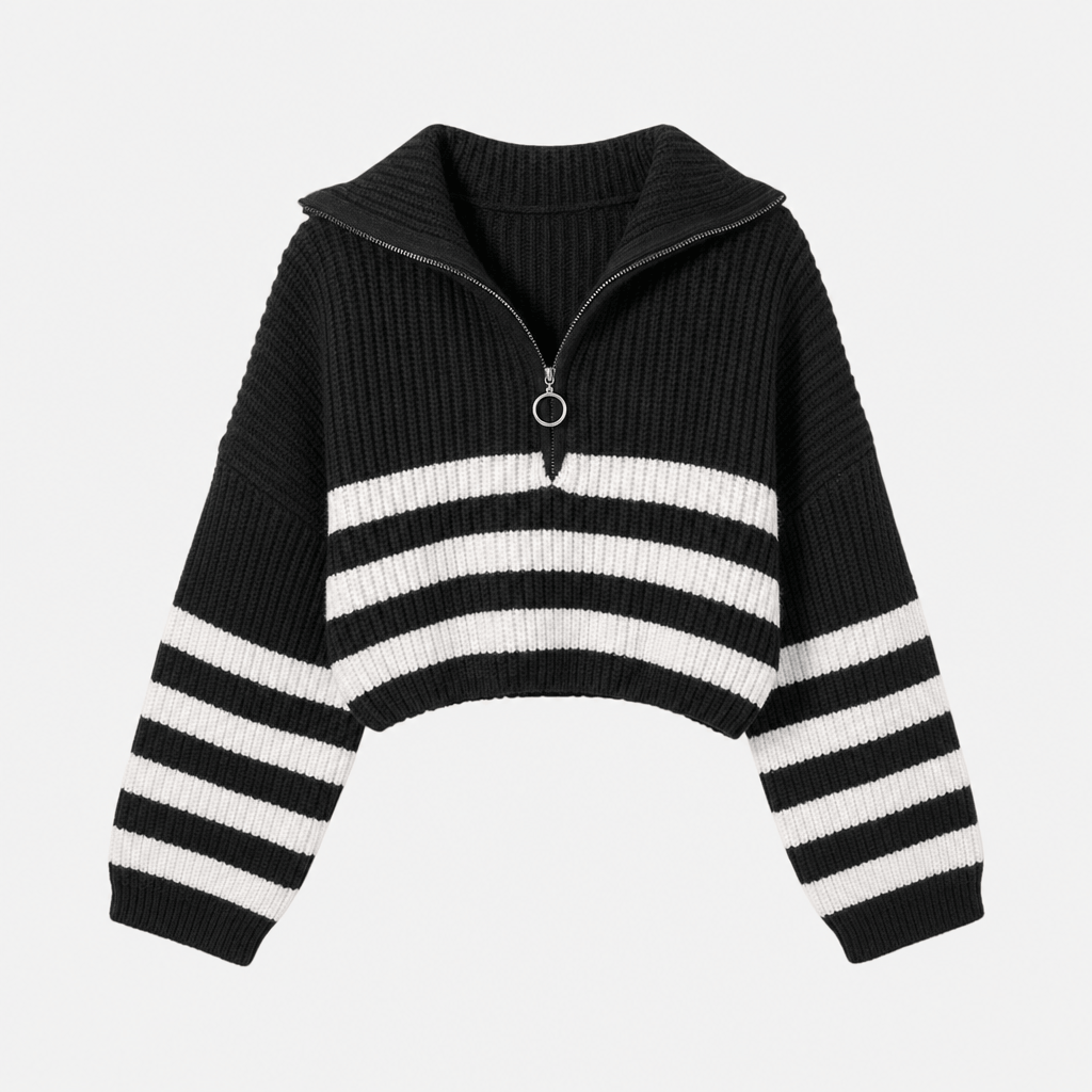 Front product view of the black quarter-zip sweater with bold white horizontal stripes.