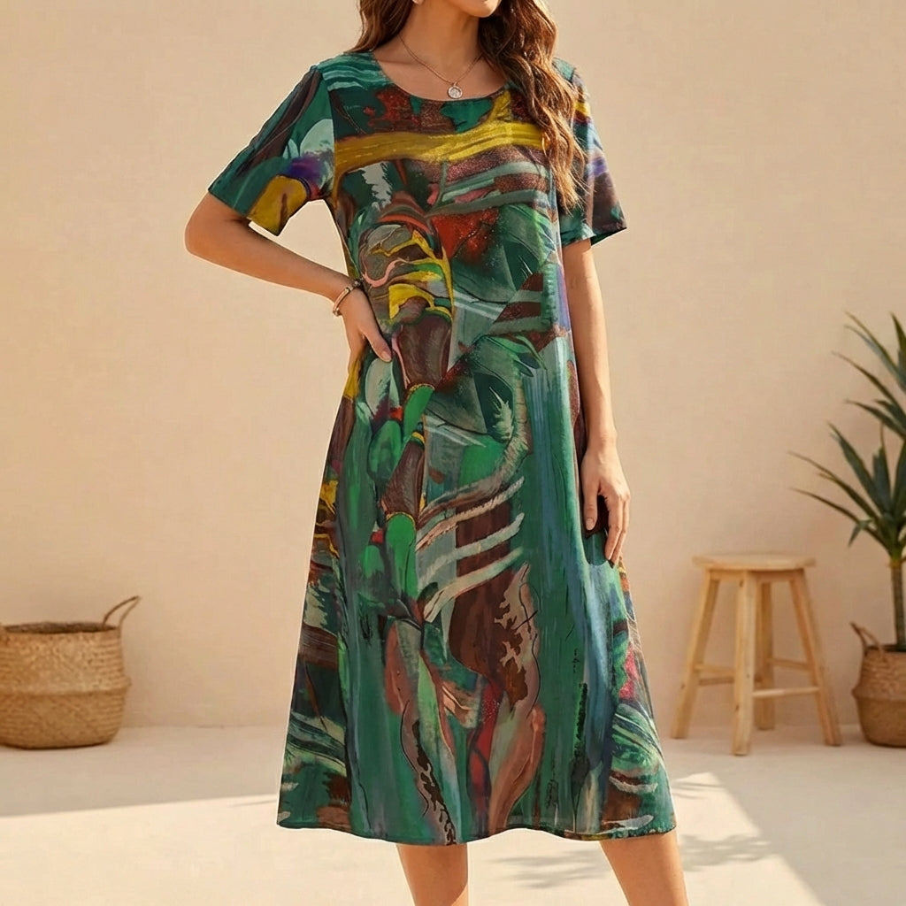 Elodie Soft Breathable Midi Dress – Relaxed Artistic Print Summer Wear
