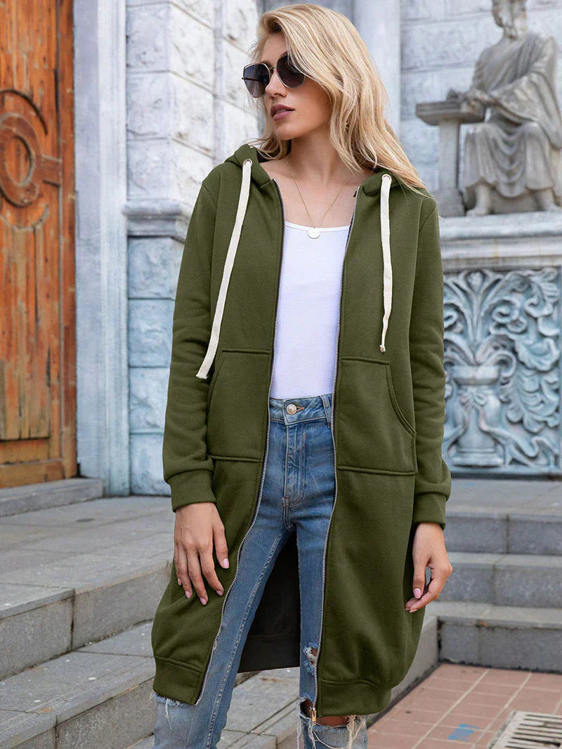 Edyth Women's Extended Length Zip Hoodie – Relaxed Fit with Pockets