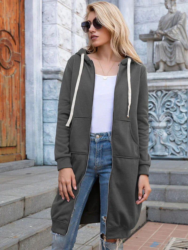 Edyth Women's Extended Length Zip Hoodie – Relaxed Fit with Pockets