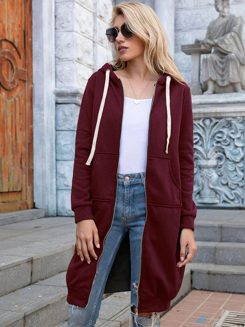 Edyth Women's Extended Length Zip Hoodie – Relaxed Fit with Pockets