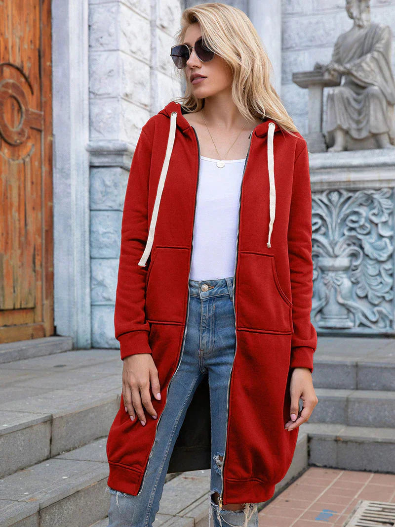 Edyth Women's Extended Length Zip Hoodie – Relaxed Fit with Pockets