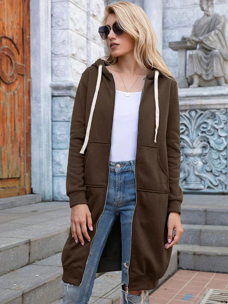 Edyth Women's Extended Length Zip Hoodie – Relaxed Fit with Pockets