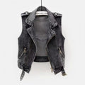 Elara Women's Washed Gray Moto-Style Denim Vest with Zipper Accents