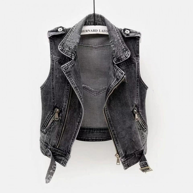 Elara Women's Washed Gray Moto-Style Denim Vest with Zipper Accents
