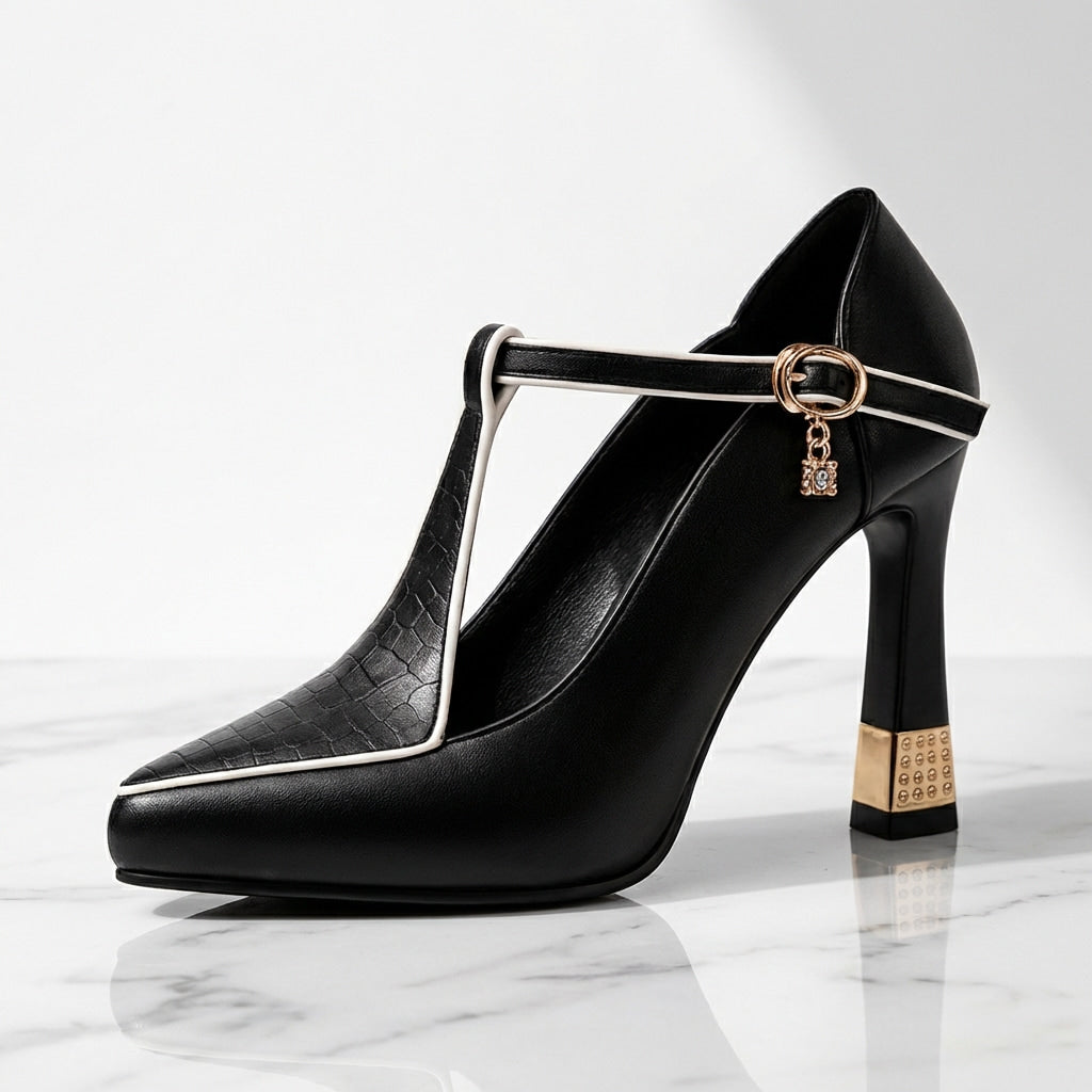 Marina T-Strap Block Heels – Pointed Toe Leather Dress Shoes