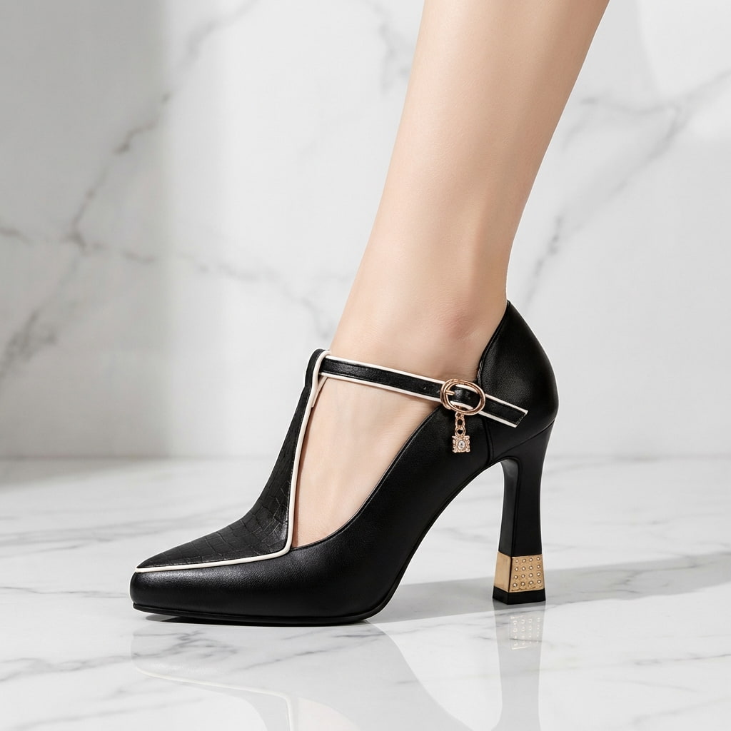 Marina T-Strap Block Heels – Pointed Toe Leather Dress Shoes