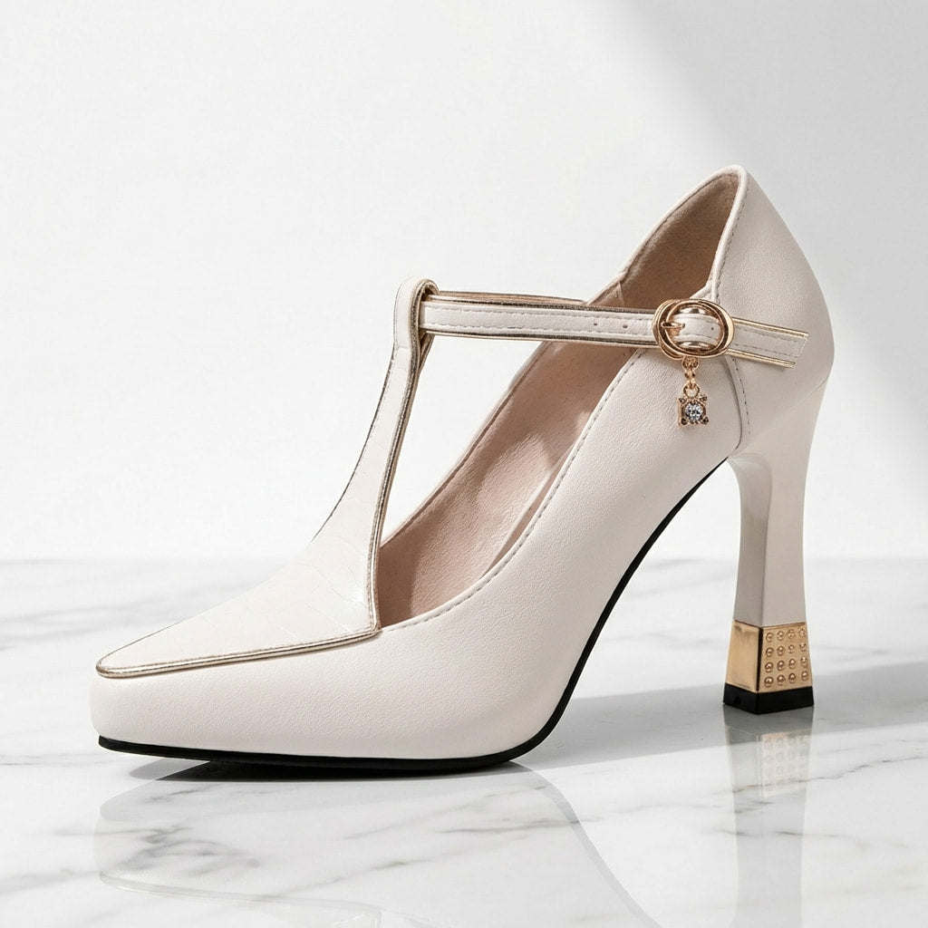 Marina T-Strap Block Heels – Pointed Toe Leather Dress Shoes