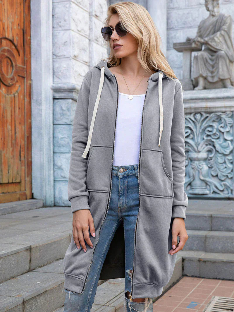 Edyth Women's Extended Length Zip Hoodie – Relaxed Fit with Pockets