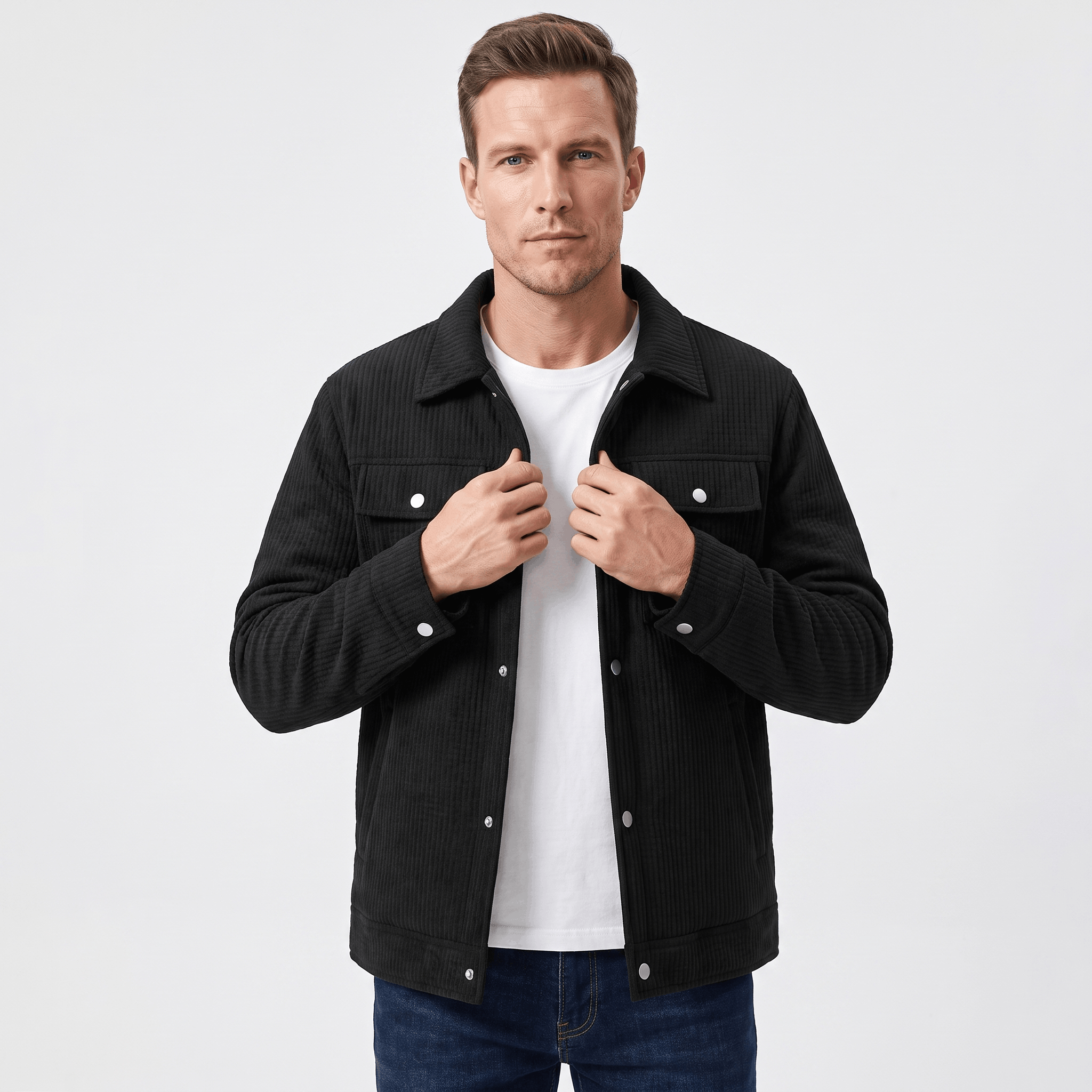 Black corduroy trucker jacket with metal snap buttons and dual chest pockets worn over a white t-shirt.