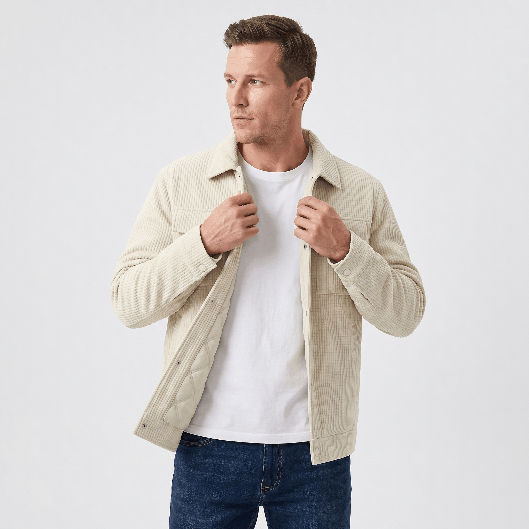 Cream corduroy trucker jacket with snap buttons and diamond-quilted lining worn over a white t-shirt.