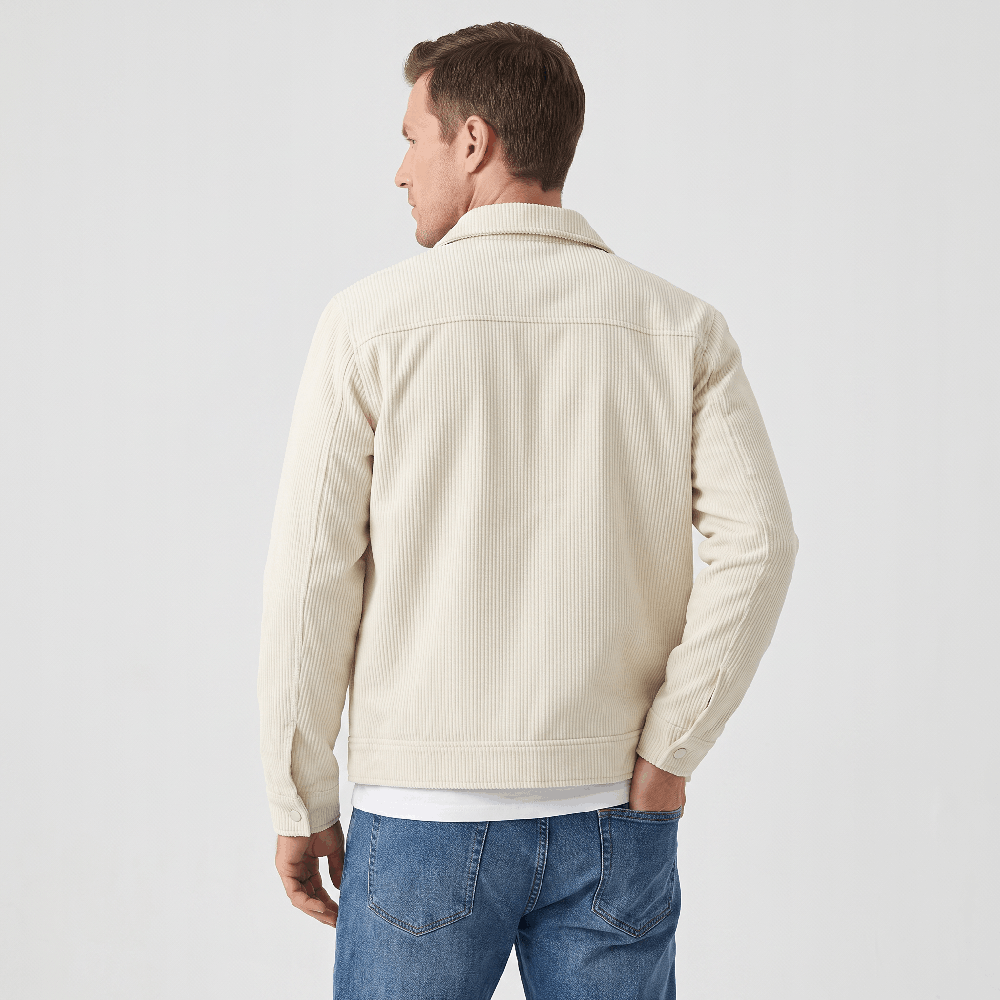 Cream corduroy trucker jacket with a structured collar and clean back yoke, worn over a white tee and blue jeans.