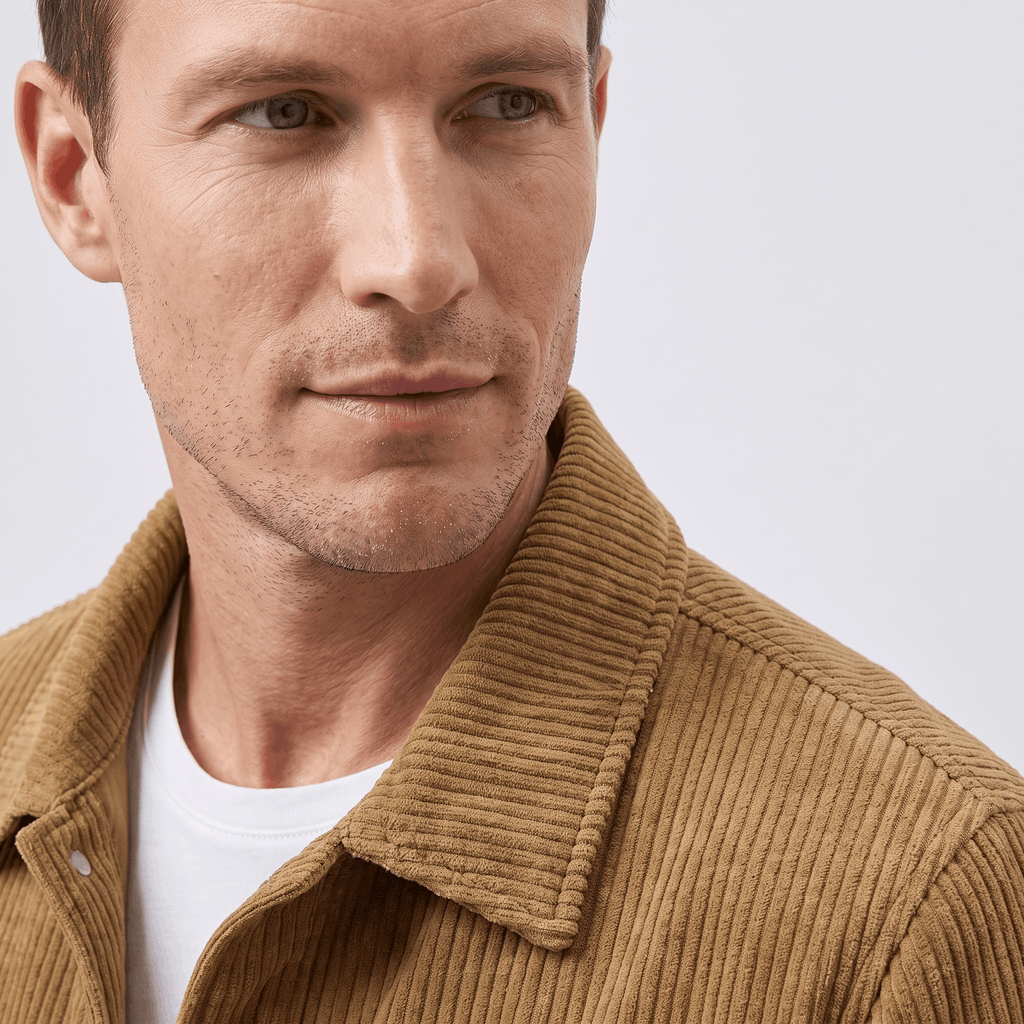 Tan corduroy trucker jacket with a classic collar and snap-button front, worn over a white crewneck t-shirt.