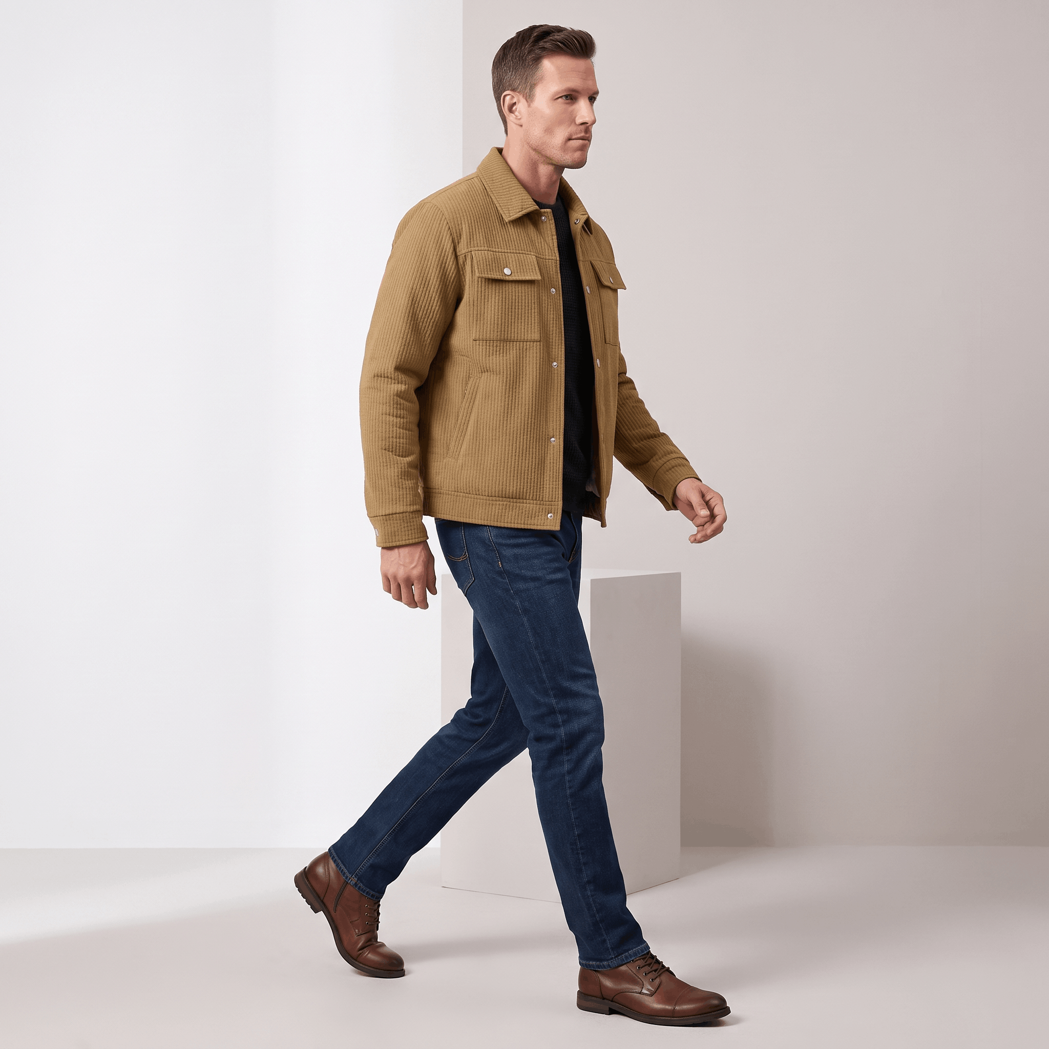 Tan corduroy trucker jacket with snap buttons and dual chest pockets, worn over a dark sweater and blue jeans.