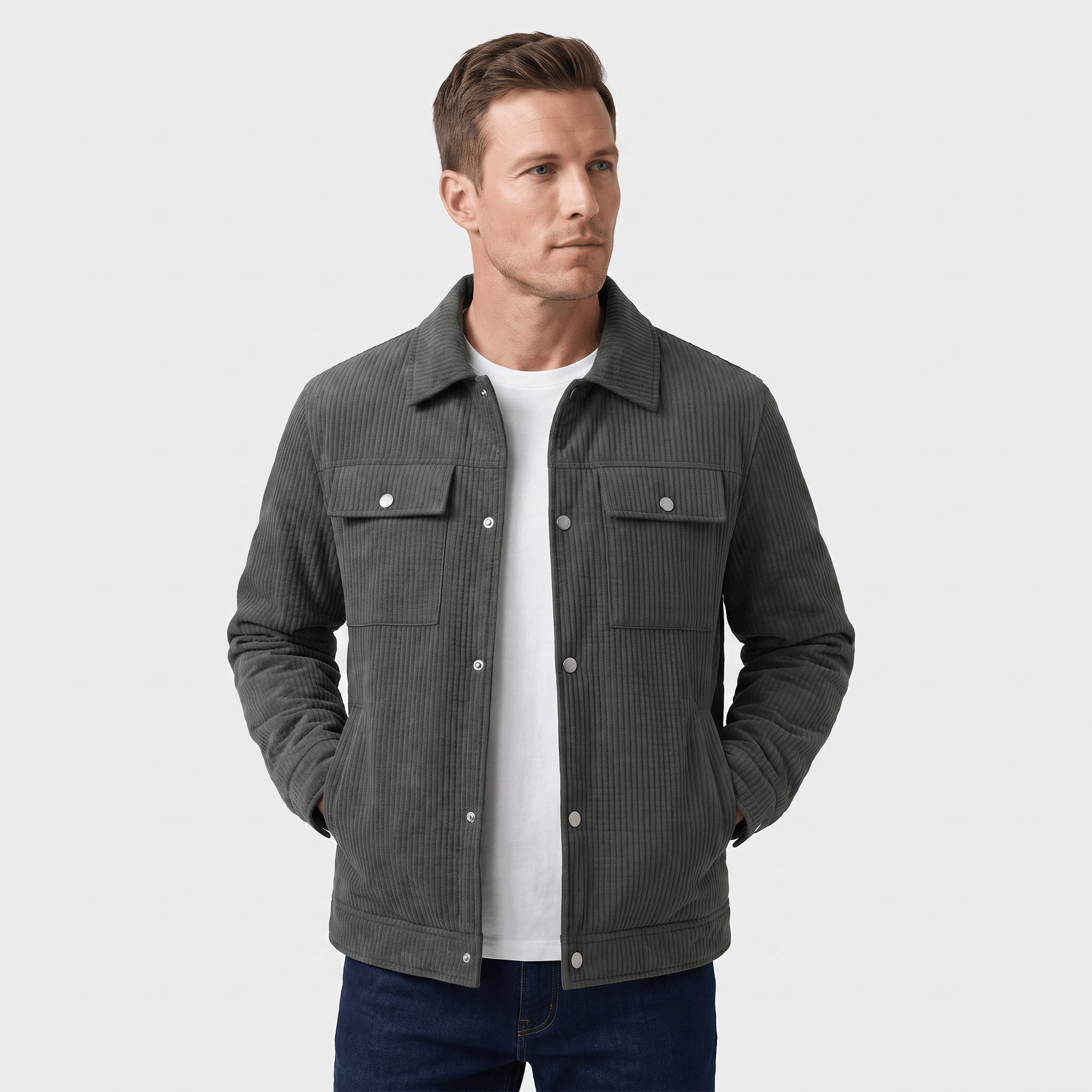 Charcoal grey corduroy trucker jacket featuring a snap-button front, dual chest flap pockets, and a structured fit.