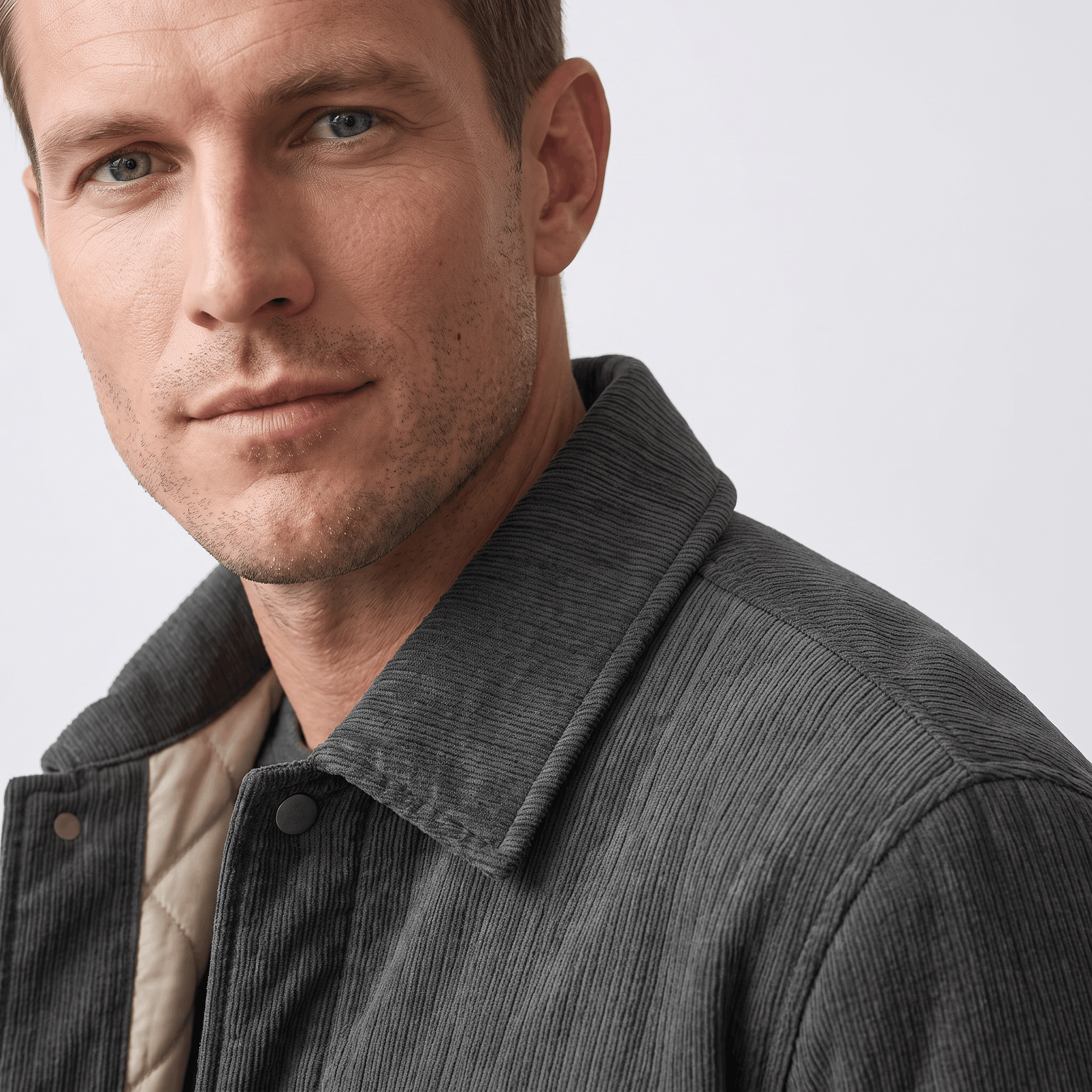 Charcoal corduroy trucker jacket with a snap-button front and visible diamond-quilted beige lining.