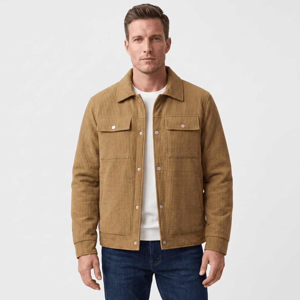 Tan corduroy trucker jacket with snap-button front, dual chest pockets, and a structured fit worn over a white shirt.