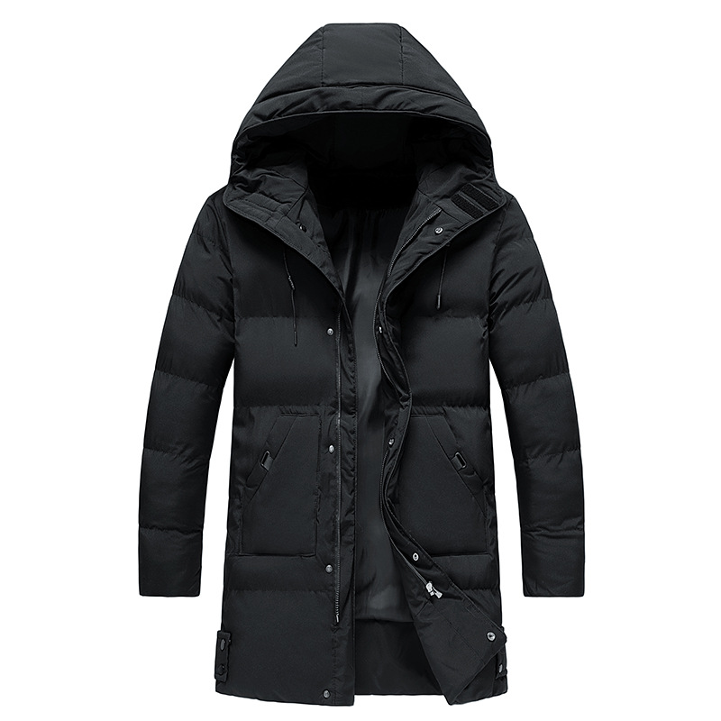 A black insulated winter parka with a hood, water-resistant shell, and padded longline design, shown flat