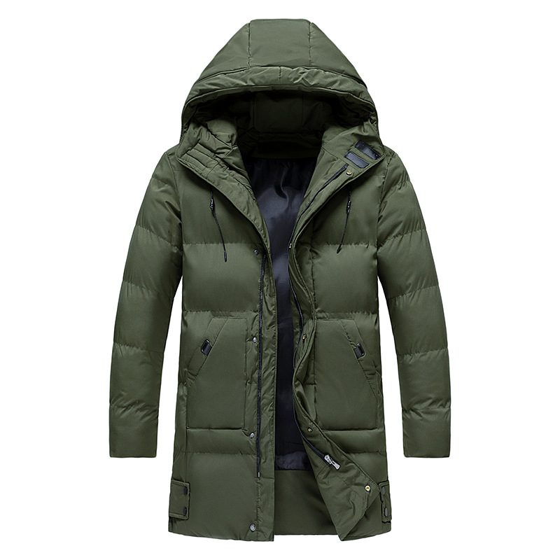 An olive green insulated winter parka with a hood, water-resistant shell, and padded longline design, shown flat