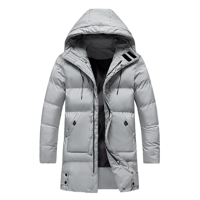 A light gray insulated winter parka with a hood, water-resistant shell, and padded longline design, shown flat