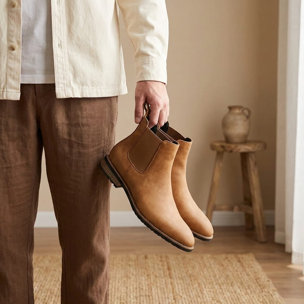 Person holding a pair of brown Chelsea boots indoors, highlighting the elastic panels and pull tabs.