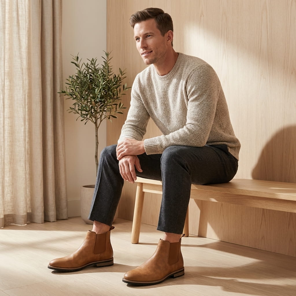 Man wearing brown Chelsea boots while seated indoors, showing the side profile and low heel.