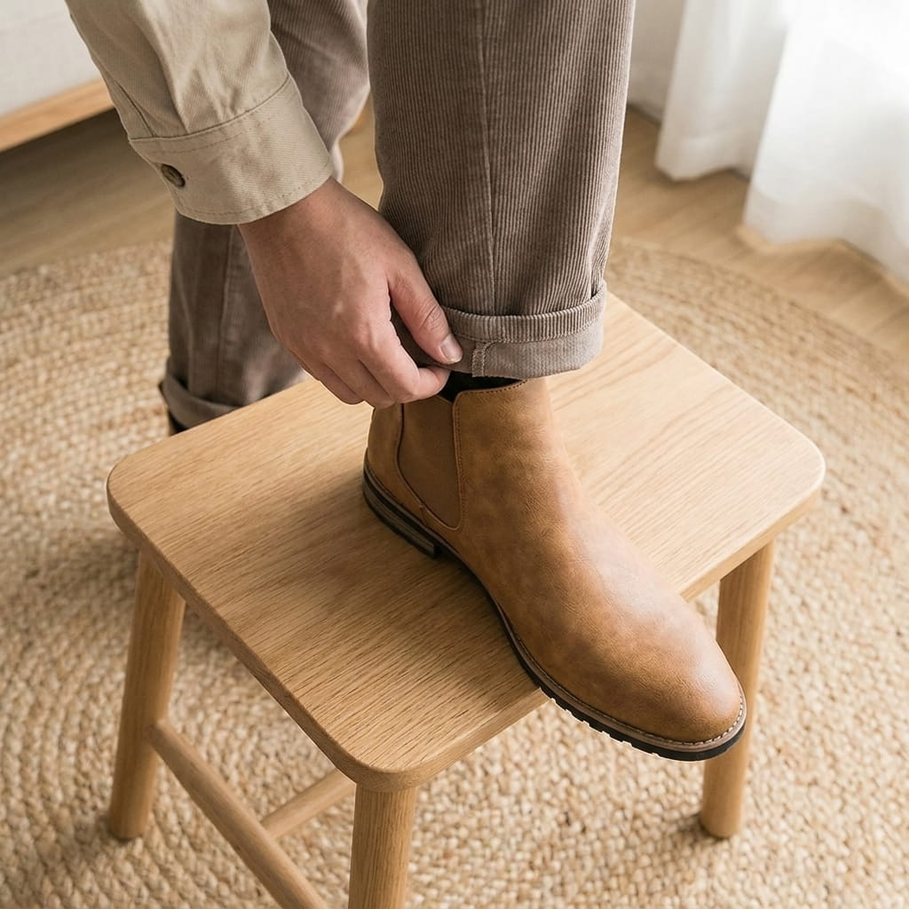 Close-up of a person wearing a brown Chelsea boot while seated on a wooden stool.