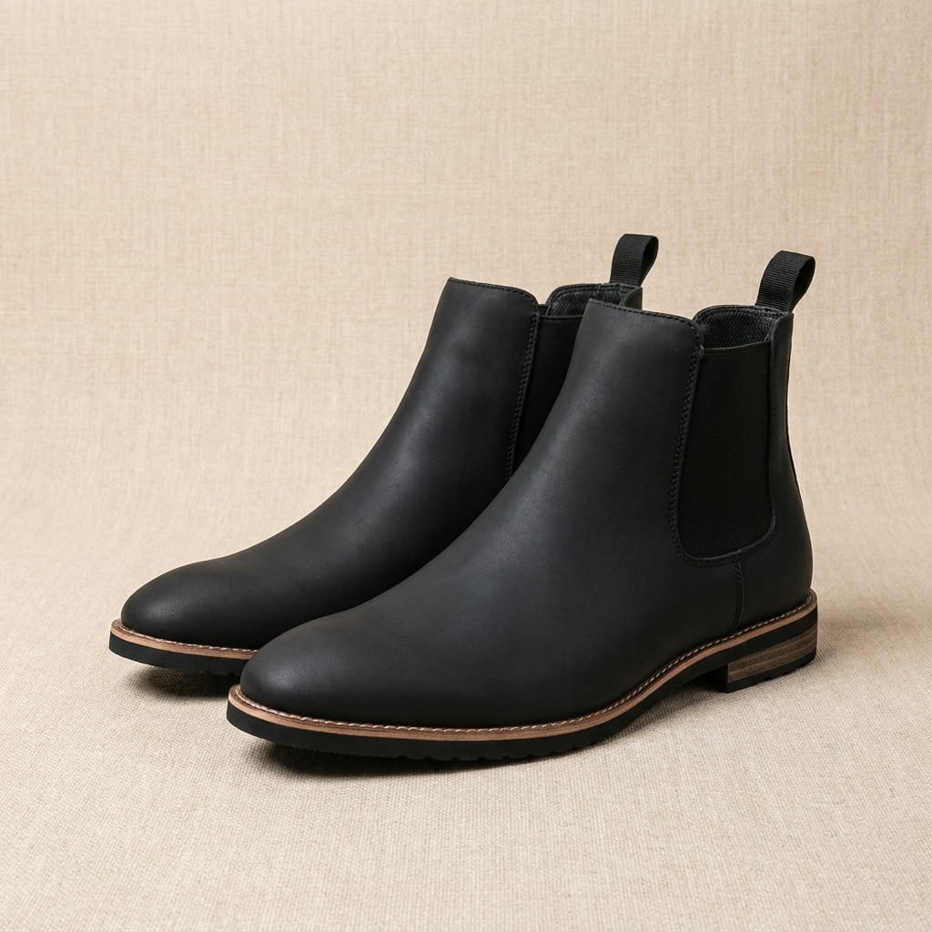 Pair of black Chelsea boots displayed together, showing the elastic side panels, pull tabs, and lug soles.