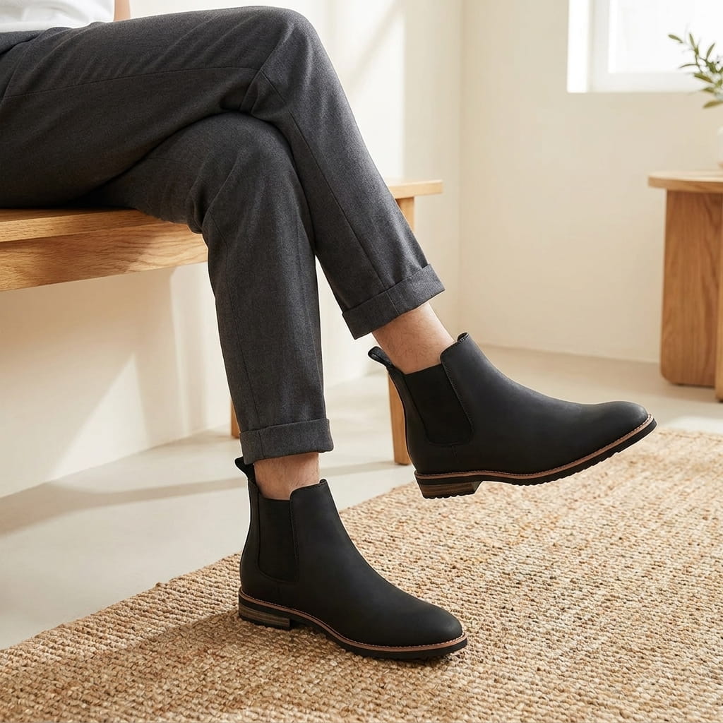 Person wearing black Chelsea boots while seated, showing the side profile and ankle fit.