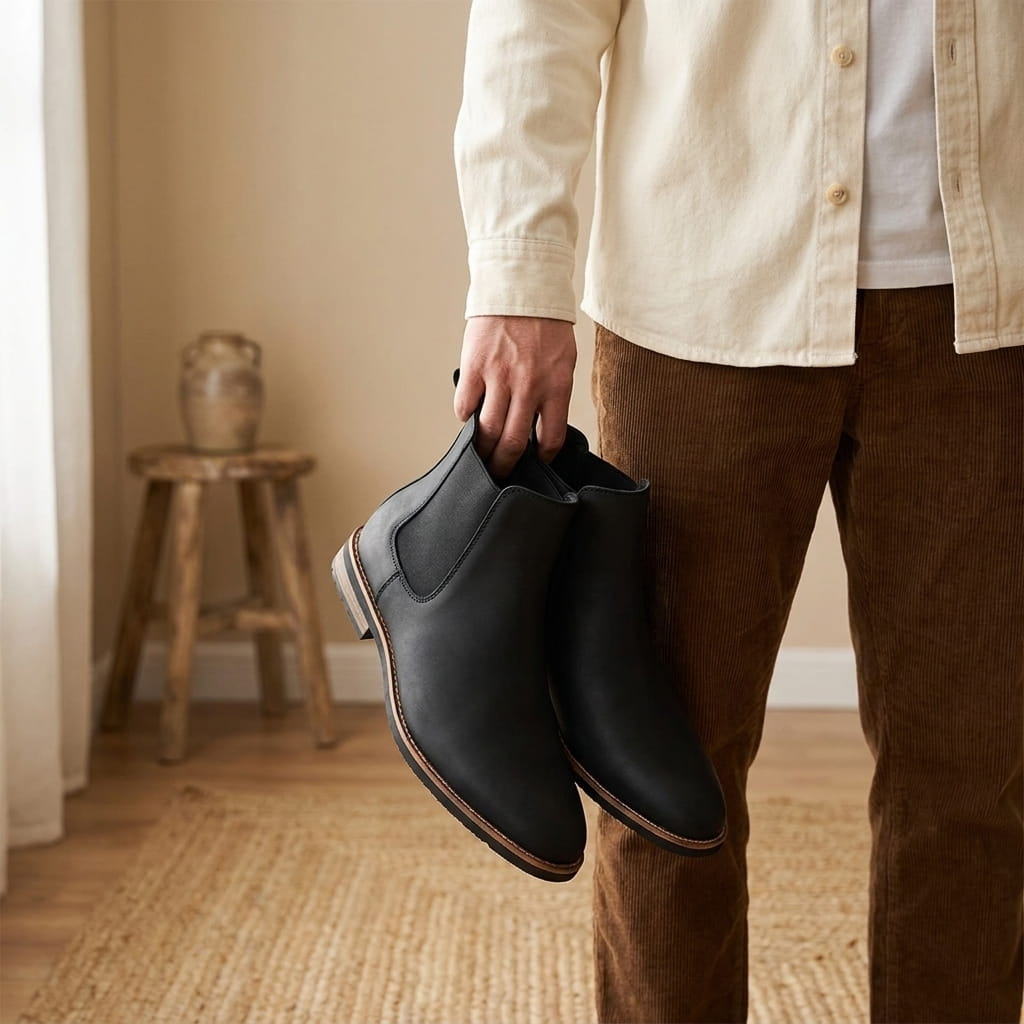Person holding a pair of black Chelsea boots by the pull tabs indoors.