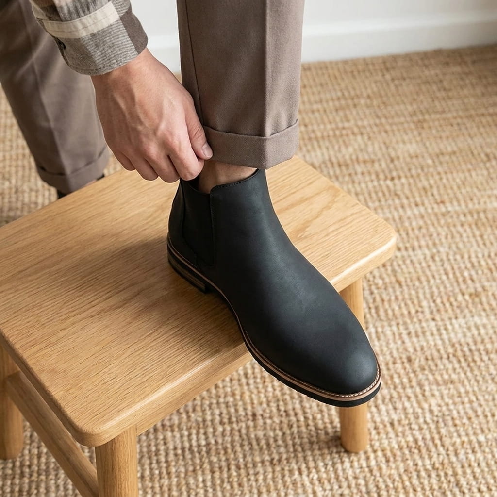 Close-up of a person wearing a black Chelsea boot while seated on a wooden stool.