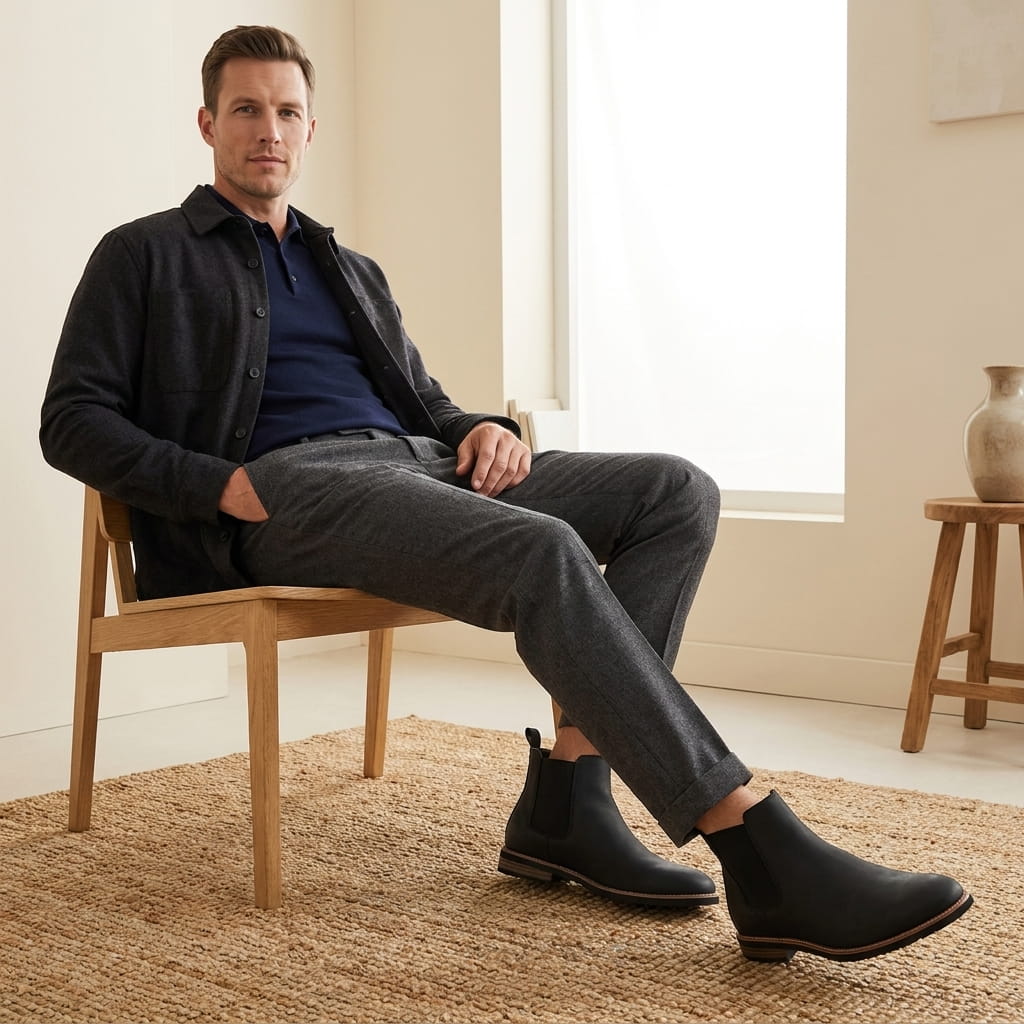 Man wearing black Chelsea boots while seated indoors, showing the side profile and low heel.