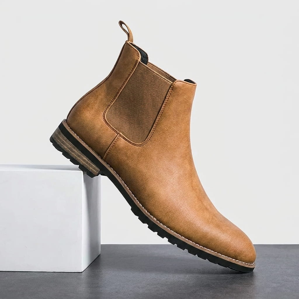Single brown Chelsea boot displayed on a white pedestal, featuring an elastic side panel, rear pull tab, and rugged sole.