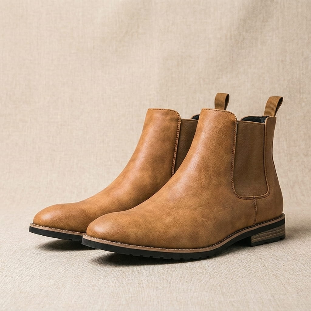 Pair of brown Chelsea boots displayed together, showing the elastic side panels, pull tabs, and textured soles.