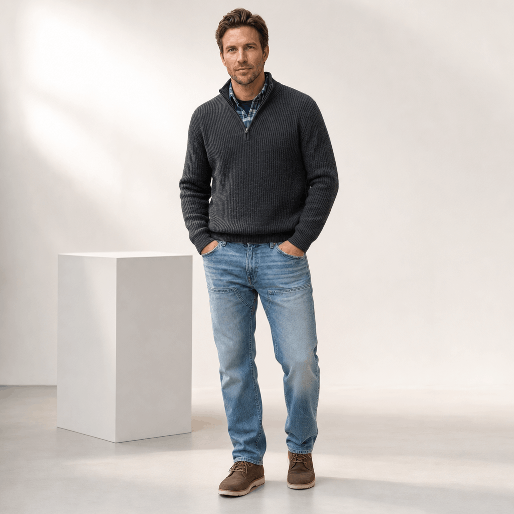Man wearing the charcoal gray ribbed knit quarter-zip sweater with light blue jeans.
